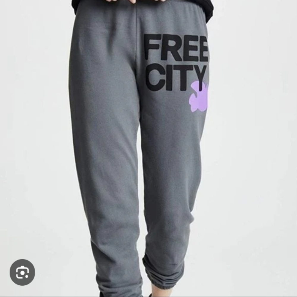 freecity Gray Joggers with Black Logo and Purple Accent Bloom